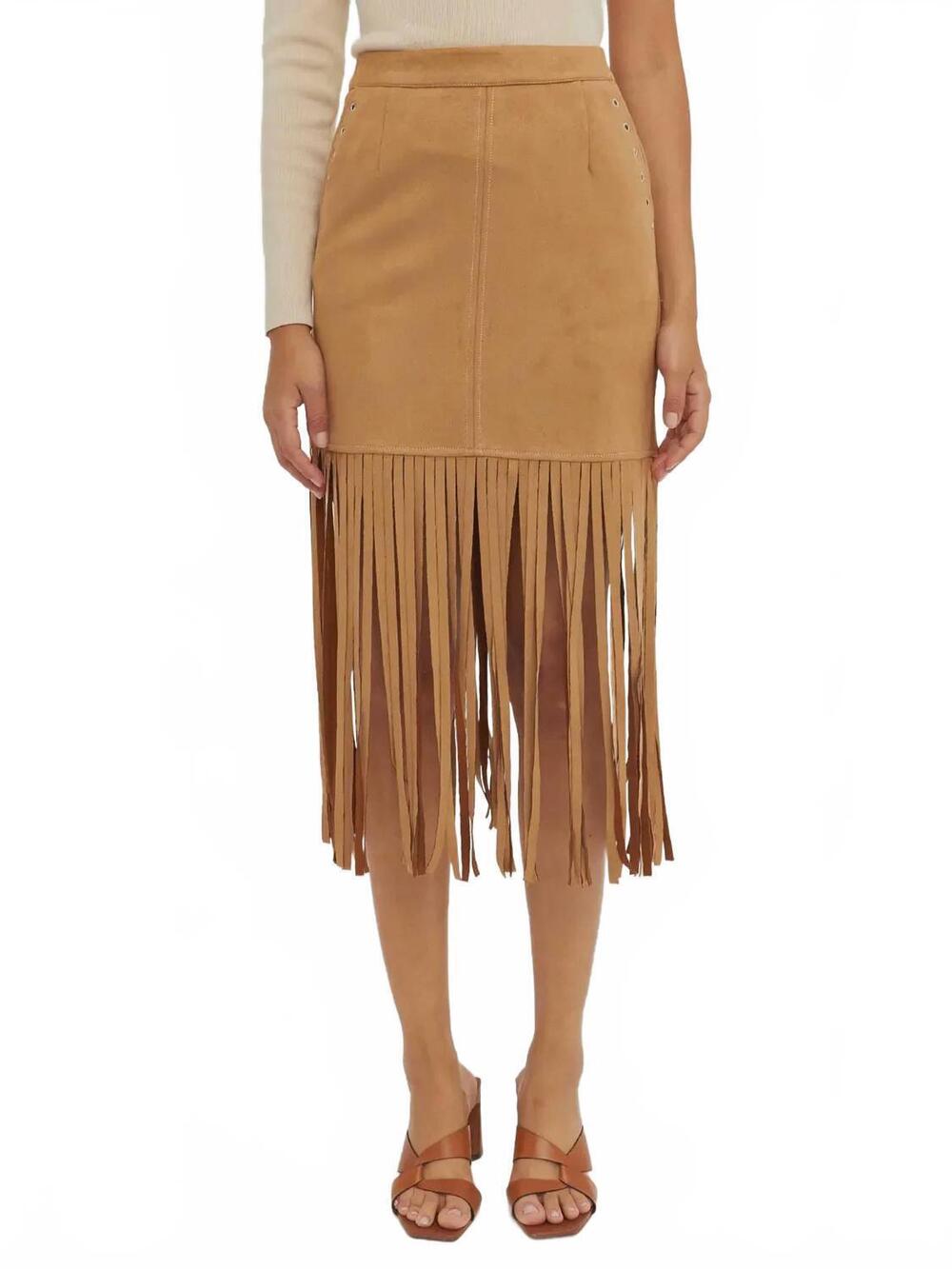 NEW CRESCENT fresh in fringe vegan suede skirt in tan/beige